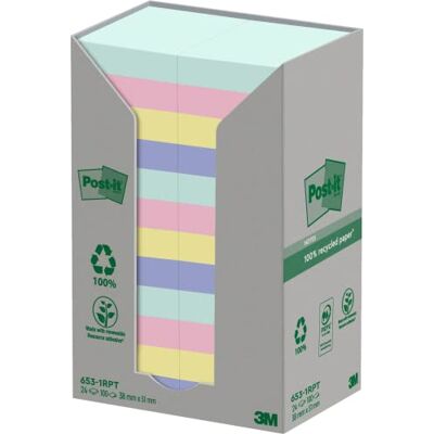 Post-it Återvinningsanteckningar blandade färger, förpackning med 24 dynor, 100 ark per dyna, 38 mm x 51 mm, grön, rosa, gul, blå självklistrande anteckningar gjorda av 100% återvunnet papper Post-it Återvinningsanteckningar blandade färger, förpackning med 24 dynor, 100 ark per dyna, 38 mm x 51 mm, grön, rosa, gul, blå självklistrande anteckningar gjorda av 100% återvunnet papper
