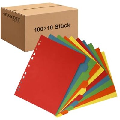 Westcott Register för mappar A4 (förpackning med 100) Separatblad för DIN A4-mapp 10 färgade flikar i 5 färger som mapp organisatör robust 160 g/m² med eurohål E-173312 00 Westcott Register för mappar A4 (förpackning med 100) Separatblad för DIN A4-mapp 10 färgade flikar i 5 färger som mapp organisatör robust 160 g/m² med eurohål E-173312 00