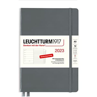 LEUCHTTURM1917 365675 Veckokalender och anteckningsbok medium (A5) 2023,12 månader, antracit, tyska LEUCHTTURM1917 365675 Veckokalender och anteckningsbok medium (A5) 2023,12 månader, antracit, tyska