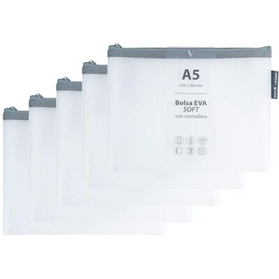 Grafoplás Grafoplas 5-pack med mjuk EVA-dragkedja a5 vit mjuk känsla blixtlåspåsar gjorda av klart EVA-gummi perfekt för transport och skydd av alla typer av föremål och dokument Grafoplás Grafoplas 5-pack med mjuk EVA-dragkedja a5 vit mjuk känsla blixtlåspåsar gjorda av klart EVA-gummi perfekt för transport och skydd av alla typer av föremål och dokument