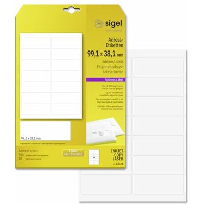 Sigel LA321 rundade adressetiketter vit, 99,1 x 38,1 mm, 350 etiketter = 25 ark Sigel LA321 rundade adressetiketter vit, 99,1 x 38,1 mm, 350 etiketter = 25 ark