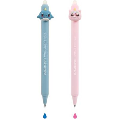 Back2Fun Raderbara kulspetspennor, set med gelbläck, djurformat huvud som går upp och ner, 0,7 mm spets, roligt citat, blått och rosa bläck, Narval Enhörning Back2Fun Raderbara kulspetspennor, set med gelbläck, djurformat huvud som går upp och ner, 0,7 mm spets, roligt citat, blått och rosa bläck, Narval Enhörning