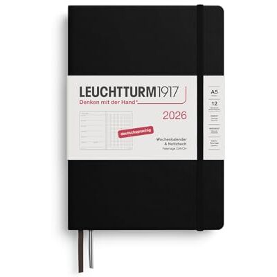 LEUCHTTURM1917 372519 veckokalender och anteckningsbok med prickat medium (A5) 2026, 12 månader, svart, tyska LEUCHTTURM1917 372519 veckokalender och anteckningsbok med prickat medium (A5) 2026, 12 månader, svart, tyska