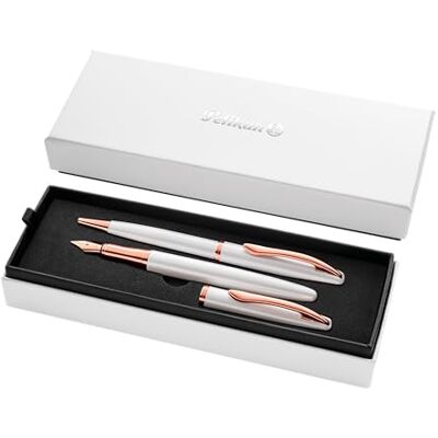 Pelikan Presentset Jazz Noble med reservoarpenna och kulspetspenna, pärlemor (vit), elegant patronfyllmedel (fjäder M) och kulspetspenna av metall, i presentförpackning 821865 Pelikan Presentset Jazz Noble med reservoarpenna och kulspetspenna, pärlemor (vit), elegant patronfyllmedel (fjäder M) och kulspetspenna av metall, i presentförpackning 821865