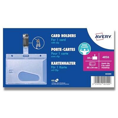 Avery 4826 säkerhetsbricka hållare med klämma, 85 x 54 mm – paket med 25 Avery 4826 säkerhetsbricka hållare med klämma, 85 x 54 mm – paket med 25