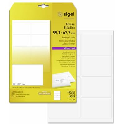 Sigel LA322 rundade adressetiketter vit, 99,1 x 67,7 mm, 200 etiketter = 25 ark Sigel LA322 rundade adressetiketter vit, 99,1 x 67,7 mm, 200 etiketter = 25 ark