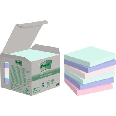 Post-it Återvinningsanteckningar blandade färger, paket med 6 dynor, 100 ark per dyna, 76 mm x 76 mm, grön, rosa, blå självklistrande anteckningar gjorda av 100% återvunnet papper Post-it Återvinningsanteckningar blandade färger, paket med 6 dynor, 100 ark per dyna, 76 mm x 76 mm, grön, rosa, blå självklistrande anteckningar gjorda av 100% återvunnet papper