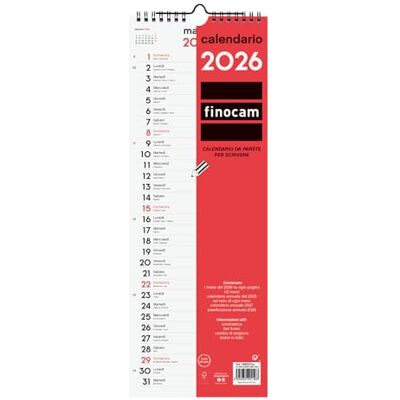Finocam Väggkalender 2026 månadslayout januari december 2026 12 månader 2026 kalender per anteckningar månadsplanerare neutral italiensk, skrivvägg, lång L 155 x 430 mm Finocam Väggkalender 2026 månadslayout januari december 2026 12 månader 2026 kalender per anteckningar månadsplanerare neutral italiensk, skrivvägg, lång L 155 x 430 mm