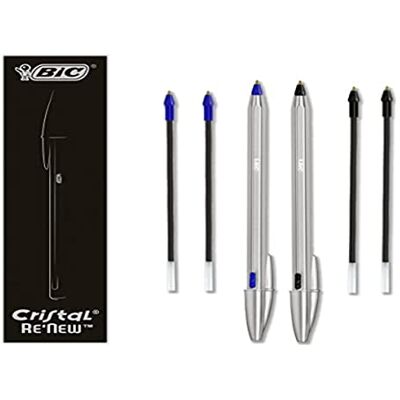 BIC Cristal Re'New Gift Box Blå och svart påfyllningsbar kulspetspenna i metall, 2 pennor + 4 påfyllningar, presentpennor, skola och kontor BIC Cristal Re'New Gift Box Blå och svart påfyllningsbar kulspetspenna i metall, 2 pennor + 4 påfyllningar, presentpennor, skola och kontor