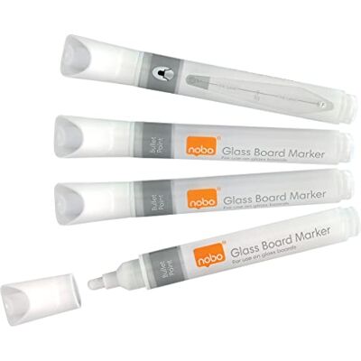 Nobo Whiteboardpennor med Flytande Bläck, För Whiteboard i Glas, Avtorkningsbara, 3mm Spets, 4-pack, Vita, 1905323 Nobo Whiteboardpennor med Flytande Bläck, För Whiteboard i Glas, Avtorkningsbara, 3mm Spets, 4-pack, Vita, 1905323
