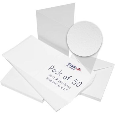 Craft UK Limited Craft UK W101 kort med kuvert, hamrat, 15,2 x 15,2 cm, vit, 50 stycken Craft UK Limited Craft UK W101 kort med kuvert, hamrat, 15,2 x 15,2 cm, vit, 50 stycken
