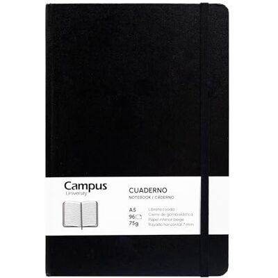 Campus A5-anteckningsbok, Bullet Journal med horisontell linjerad 7 mm, inbunden anteckningsbok med 96 ark på 75 g, elastisk stängning, ficka och bokmärken. (A5, horisontell linjerad, svart) Campus A5-anteckningsbok, Bullet Journal med horisontell linjerad 7 mm, inbunden anteckningsbok med 96 ark på 75 g, elastisk stängning, ficka och bokmärken. (A5, horisontell linjerad, svart)