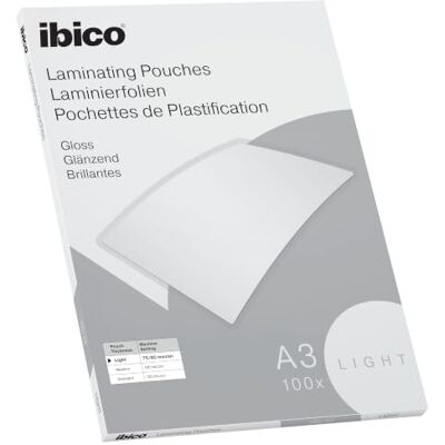 Ibico Basics Lamineringsfickor / Laminat, A3-storlek, Lättviktiga, 100-pack, Glansig Finish, Kristallklara, 627311 Ibico Basics Lamineringsfickor / Laminat, A3-storlek, Lättviktiga, 100-pack, Glansig Finish, Kristallklara, 627311
