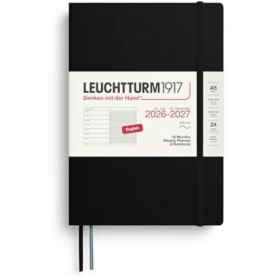 LEUCHTTURM1917 Veckokalender 2027 A5 med anteckningsbok, linjerad – möteskalender engelska, 18 månader juli 2026 – december 2027, svart, mjukt skydd, 210 x 145 mm, veckoöversikt vänster + LEUCHTTURM1917 Veckokalender 2027 A5 med anteckningsbok, linjerad – möteskalender engelska, 18 månader juli 2026 – december 2027, svart, mjukt skydd, 210 x 145 mm, veckoöversikt vänster +