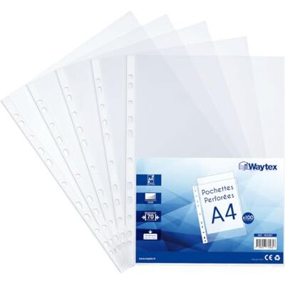 Waytex 931307 släta genomskinliga A4 perforerade fickor 70 mikron 100 st Waytex 931307 släta genomskinliga A4 perforerade fickor 70 mikron 100 st