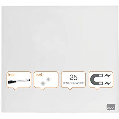 Nobo Liten Magnetisk Whiteboard i Glas, Avtorkningsbar med Tavelsudd, Ramlös, Dolda Fästen för Väggmontering, 450 x 450 mm, Inkluderar Whiteboardpenna och Magneter, Vit, 1903957 Nobo Liten Magnetisk Whiteboard i Glas, Avtorkningsbar med Tavelsudd, Ramlös, Dolda Fästen för Väggmontering, 450 x 450 mm, Inkluderar Whiteboardpenna och Magneter, Vit, 1903957
