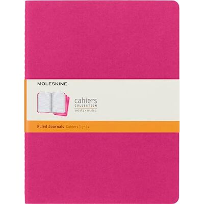 Moleskine Cahier Journal, set med 3 anteckningsböcker med linjerade sidor, kartongskydd med synlig bomullsstickning, färg kinetisk rosa, extra stor 19 x 25 cm, 120 sidor Moleskine Cahier Journal, set med 3 anteckningsböcker med linjerade sidor, kartongskydd med synlig bomullsstickning, färg kinetisk rosa, extra stor 19 x 25 cm, 120 sidor