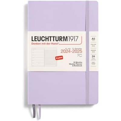 LEUCHTTURM1917 370809 veckokalender och anteckningsbok medium (A5) 2025, 18 månader (07.2024-12.2025), mjukt skydd, lila, engelska LEUCHTTURM1917 370809 veckokalender och anteckningsbok medium (A5) 2025, 18 månader (07.2024-12.2025), mjukt skydd, lila, engelska