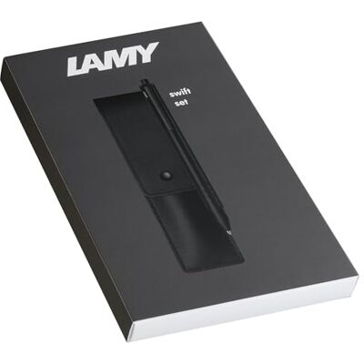 Lamy Swift Palladiumkulspetspenna, presentset, flytande skrivkänsla – hölje av all metall i linjebredd B – inkl. M 66 blått och äkta läderfodral Lamy Swift Palladiumkulspetspenna, presentset, flytande skrivkänsla – hölje av all metall i linjebredd B – inkl. M 66 blått och äkta läderfodral