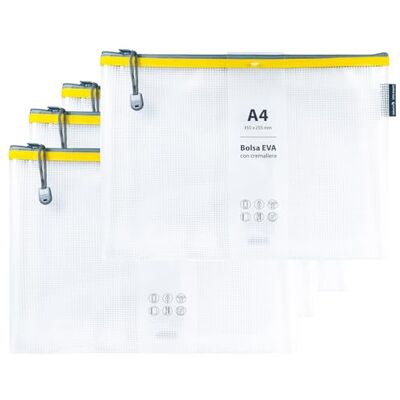 Grafoplás Grafoplas 4-pack a4 EVA-blixtlåspåsar Tillverkad av transparent EVA-gummi, gul dragkedja perfekt för transport och skydd av alla typer av föremål, dokument, kosmetika eller pussel Grafoplás Grafoplas 4-pack a4 EVA-blixtlåspåsar Tillverkad av transparent EVA-gummi, gul dragkedja perfekt för transport och skydd av alla typer av föremål, dokument, kosmetika eller pussel