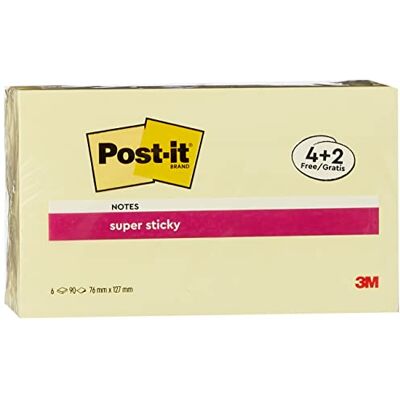 Post-it Super Sticky Notes, Canary Yellow, 4 block + 2 GRATIS, 76 x 127 mm, 90 ark/block extra självhäftande anteckningar för att göra-listor och påminnelser Post-it Super Sticky Notes, Canary Yellow, 4 block + 2 GRATIS, 76 x 127 mm, 90 ark/block extra självhäftande anteckningar för att göra-listor och påminnelser