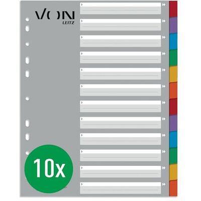 Leitz Uppsättning av 10 A4-registreringsblad, 12 blanka skiljeblad för mappar, extra breda, 100 % återvunnen kartong, universalregister med 11 hål för häftapparat och ringpärm, 10 stycken, av , flerfärgade, 1301000 Leitz Uppsättning av 10 A4-registreringsblad, 12 blanka skiljeblad för mappar, extra breda, 100 % återvunnen kartong, universalregister med 11 hål för häftapparat och ringpärm, 10 stycken, av , flerfärgade, 1301000