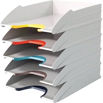 Durable 770427brevkorgset VARICOLOR MIX, set med 5 stapelbara brevkorgar, vit med färgade greppzoner Durable 770427brevkorgset VARICOLOR MIX, set med 5 stapelbara brevkorgar, vit med färgade greppzoner