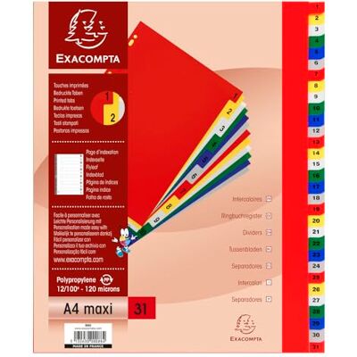Exacompta Ref. 88E Kartong med 20 polypropenavdelare med 31 digitala tryckta flikar från 1 till 31 i färg Utskrivbar indexsida för maxi A4 Exacompta Ref. 88E Kartong med 20 polypropenavdelare med 31 digitala tryckta flikar från 1 till 31 i färg Utskrivbar indexsida för maxi A4