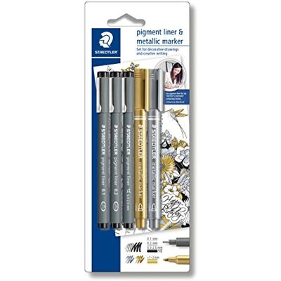 STAEDTLER Fineliner Pigment Liner und Metallic Marker im Set, Hohe Qualität, Set mit 3 Finelinern Schwarz und 2 Metalic Markern Gold und Silber, 308 SBK3P3 STAEDTLER Fineliner Pigment Liner und Metallic Marker im Set, Hohe Qualität, Set mit 3 Finelinern Schwarz und 2 Metalic Markern Gold und Silber, 308 SBK3P3