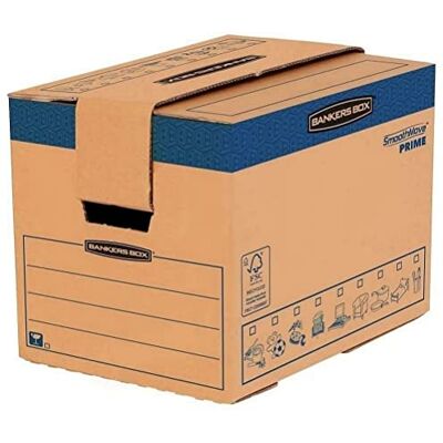 Bankers Box SmoothMove Heavy Duty flyttkartong av dubbelförstärkt wellpapp med bärhandtag, snabb fastvikbar konstruktion utan tejp, 37,5 liter, 30 x 30 x 40,5 cm, 5 stycken Bankers Box SmoothMove Heavy Duty flyttkartong av dubbelförstärkt wellpapp med bärhandtag, snabb fastvikbar konstruktion utan tejp, 37,5 liter, 30 x 30 x 40,5 cm, 5 stycken