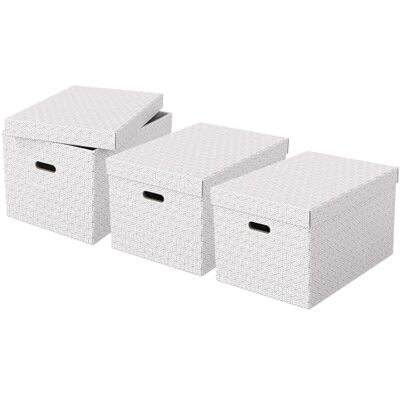 Esselte Förvaringsbox med lock, 100% återvunnen och återvinningsbar kartong, geometrisk design, large, vit, 3-pack, 628286 , Vit, Large Box Esselte Förvaringsbox med lock, 100% återvunnen och återvinningsbar kartong, geometrisk design, large, vit, 3-pack, 628286 , Vit, Large Box