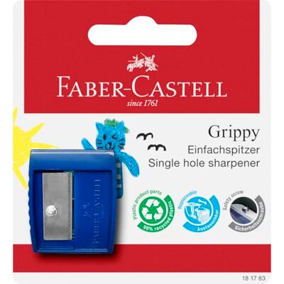 Faber-Castell 181783 Vässare Grippy med skärskydd, blå, vässare för barn Faber-Castell 181783 Vässare Grippy med skärskydd, blå, vässare för barn