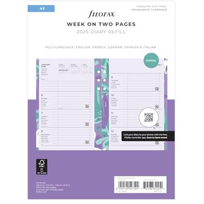 Filofax A5 Illustrerad blommig vecka på två sidor dagbok och fyllning 2025 Filofax A5 Illustrerad blommig vecka på två sidor dagbok och fyllning 2025