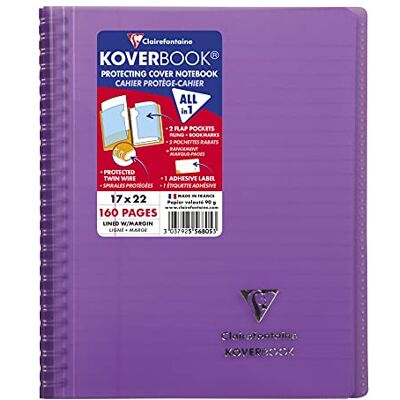 Clairefontaine 556805C – Spiralbok Koverbok, 160 sidor, 17 x 22 cm, 90 g, linjerad, med kant, omslag av polypropen (plast), transparent, lila Clairefontaine 556805C – Spiralbok Koverbok, 160 sidor, 17 x 22 cm, 90 g, linjerad, med kant, omslag av polypropen (plast), transparent, lila