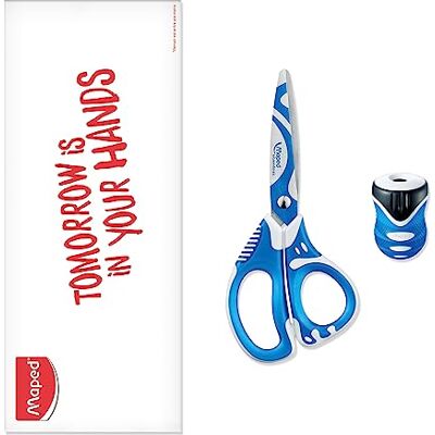 Maped Set med 1 Zenoa Fit sax med mjuka ringar och smärtstillande lameller 13 cm och 1 rent grepp pennvässare med tank 1 hål blå Maped Set med 1 Zenoa Fit sax med mjuka ringar och smärtstillande lameller 13 cm och 1 rent grepp pennvässare med tank 1 hål blå