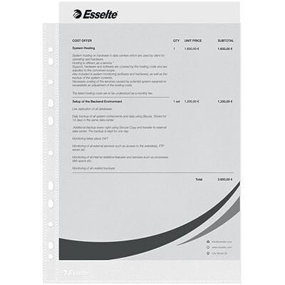 Esselte plaststansad ficka A4, klar matt finish, öppna upptill, 43 mikron polypropylen, låda med 100, 56133 Esselte plaststansad ficka A4, klar matt finish, öppna upptill, 43 mikron polypropylen, låda med 100, 56133