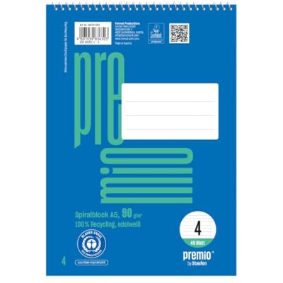 Staufen premio spiralanteckningsblock – 5 anteckningsblock, 40 ark vardera, linjerad 4, DIN A5, 90 g/m², linjerad 9 mm Staufen premio spiralanteckningsblock – 5 anteckningsblock, 40 ark vardera, linjerad 4, DIN A5, 90 g/m², linjerad 9 mm