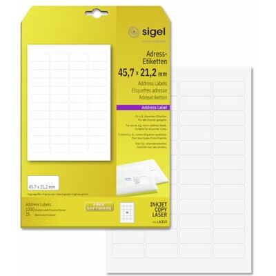 Sigel LA315 rundade adressetiketter vit, 45,7 x 21,2 mm, 1 200 etiketter = 25 ark Sigel LA315 rundade adressetiketter vit, 45,7 x 21,2 mm, 1 200 etiketter = 25 ark