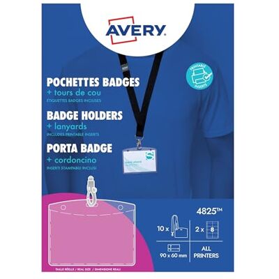 Avery 4825 Brickhållare med snodd x 10, inkluderar utskrivbara brickor, 90 x 60 mm (8 brickor per ark x 2 ark) Avery 4825 Brickhållare med snodd x 10, inkluderar utskrivbara brickor, 90 x 60 mm (8 brickor per ark x 2 ark)