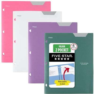Five Star 2 fickmappar, mappar, plastfärgade mappar med fickor och spetsfästen för 3-ringpärmar, för hemskolematerial och kontor, 11 tum x 8-1/2 tum, blandade, 4-pack (38065) Five Star 2 fickmappar, mappar, plastfärgade mappar med fickor och spetsfästen för 3-ringpärmar, för hemskolematerial och kontor, 11 tum x 8-1/2 tum, blandade, 4-pack (38065)