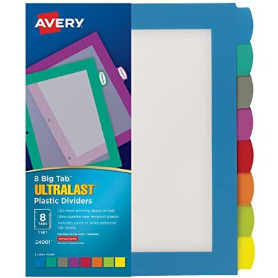 Avery Ultralast Big Tab plastdelare för 3 ringpärmar, 8-flikar, flerfärgad med vita etiketter, 1 set (24901) Avery Ultralast Big Tab plastdelare för 3 ringpärmar, 8-flikar, flerfärgad med vita etiketter, 1 set (24901)