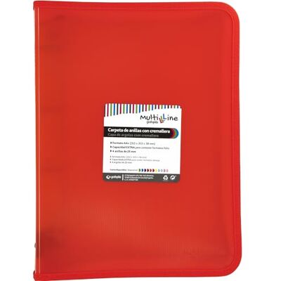 Grafoplás Ringpärm med A4+ dragkedja Röd Multiline 4 x 25 mm blandade ringar Vertikalt randigt polypropylenskydd Extra kapacitet för pappersark i folioformat Grafoplás Ringpärm med A4+ dragkedja Röd Multiline 4 x 25 mm blandade ringar Vertikalt randigt polypropylenskydd Extra kapacitet för pappersark i folioformat