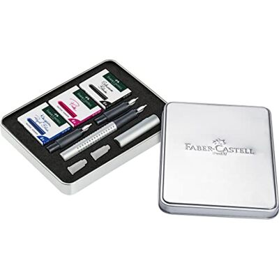 Faber-Castell 201629 – Grip 2011 kalligrafiset, silver, med bläckpartenner i färgerna svart, rosa och kungsblå Faber-Castell 201629 – Grip 2011 kalligrafiset, silver, med bläckpartenner i färgerna svart, rosa och kungsblå
