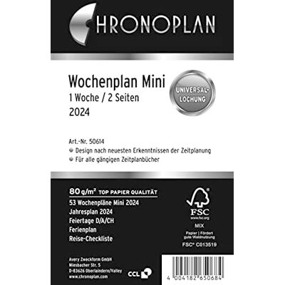 Avery Chronoplan 50614 kalenderinlägg 2024 (veckoplanering mini (79 x 125 mm) reservkalendarium för mötesplanerare, perfekt för detaljerad veckoplanering, 1 vecka på 2 sidor i rader, med universell Avery Chronoplan 50614 kalenderinlägg 2024 (veckoplanering mini (79 x 125 mm) reservkalendarium för mötesplanerare, perfekt för detaljerad veckoplanering, 1 vecka på 2 sidor i rader, med universell