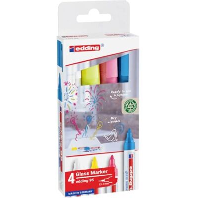 edding 95 glasmarkör – flerfärgade – 4 glaspennor – rund spets 1,5–3 mm – tvättbar fönstermarkörpenna – för att skriva och markera på glasytor, fönster, glas, whiteboards – torkbar edding 95 glasmarkör – flerfärgade – 4 glaspennor – rund spets 1,5–3 mm – tvättbar fönstermarkörpenna – för att skriva och markera på glasytor, fönster, glas, whiteboards – torkbar