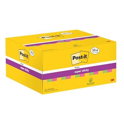 Post-it Super Sticky Notes, 47,6 mm x 47,6 mm, 18 block + 6 gratis, 90 ark per block – självhäftande anteckningspapplar för anteckningar, att göra-listor och minnen Post-it Super Sticky Notes, 47,6 mm x 47,6 mm, 18 block + 6 gratis, 90 ark per block – självhäftande anteckningspapplar för anteckningar, att göra-listor och minnen
