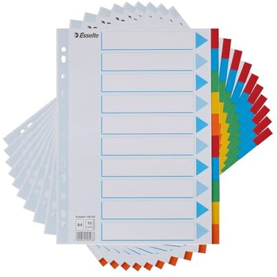 Esselte 10-pack A4-kortfildelare, 10 delar färgade mappavdelare med identifieringsfrämre ark, för ringpärmar och spakbågsfiler, tillverkade av hållbara, återvunna kort Esselte 10-pack A4-kortfildelare, 10 delar färgade mappavdelare med identifieringsfrämre ark, för ringpärmar och spakbågsfiler, tillverkade av hållbara, återvunna kort