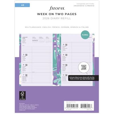 Filofax A5 illustrerad blomvecka på 2 sidor 5 språk 2026 dagbokspaket 26-6351 Filofax A5 illustrerad blomvecka på 2 sidor 5 språk 2026 dagbokspaket 26-6351