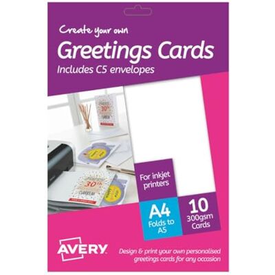 Avery MD2001 Utskrivbara gratulationskort med kuvert, 1 kort per A4-ark (vikbart till ett A5-kort), vit, 148 x 210 mm Avery MD2001 Utskrivbara gratulationskort med kuvert, 1 kort per A4-ark (vikbart till ett A5-kort), vit, 148 x 210 mm
