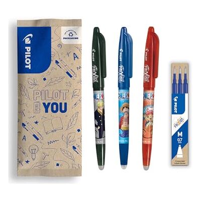 PILOT x One Piece Set med 3 Frixion Ball, svart, blå, röd + 1 set med 3 blå påfyllningar + 4 klistermärken raderbara pennor One Piece begränsad upplaga uppladdningsbara rullpennor medium spets PILOT x One Piece Set med 3 Frixion Ball, svart, blå, röd + 1 set med 3 blå påfyllningar + 4 klistermärken raderbara pennor One Piece begränsad upplaga uppladdningsbara rullpennor medium spets